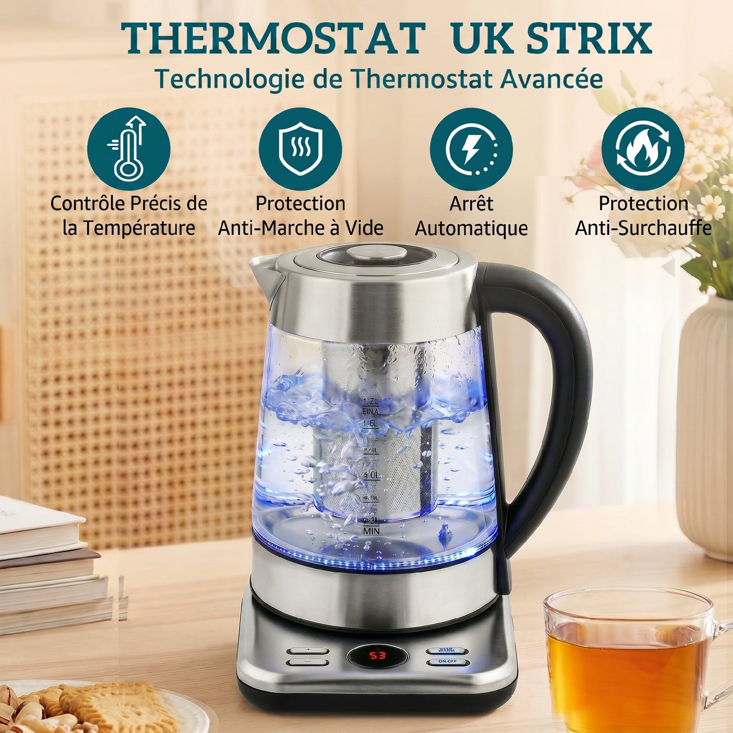 Bouilloire électrique, 1,7L, ébullition rapide 2200W avec thermostat strix, infuseur à thé, fonction maintien au chaud