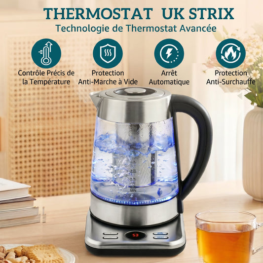 Bouilloire électrique, 1,7L, ébullition rapide 2200W avec thermostat strix, infuseur à thé, fonction maintien au chaud