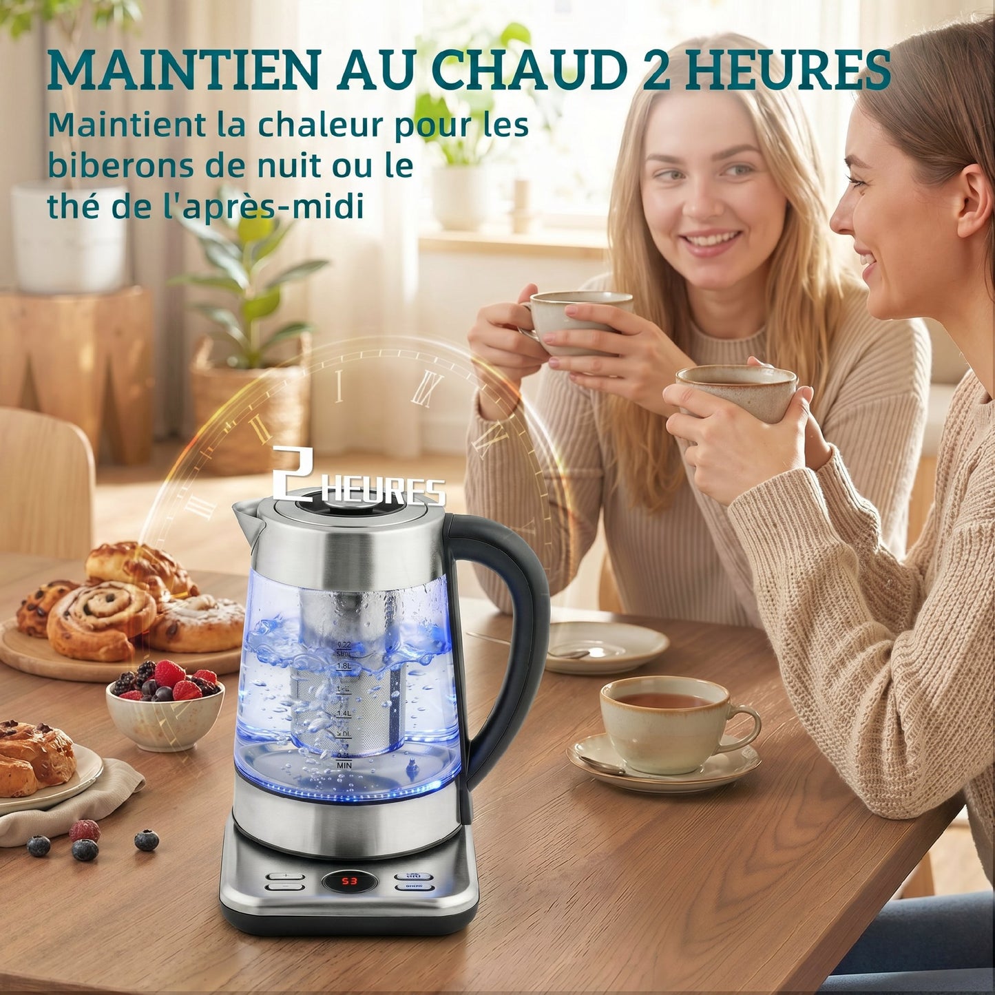 Bouilloire électrique, 1,7L, ébullition rapide 2200W avec thermostat strix, infuseur à thé, fonction maintien au chaud