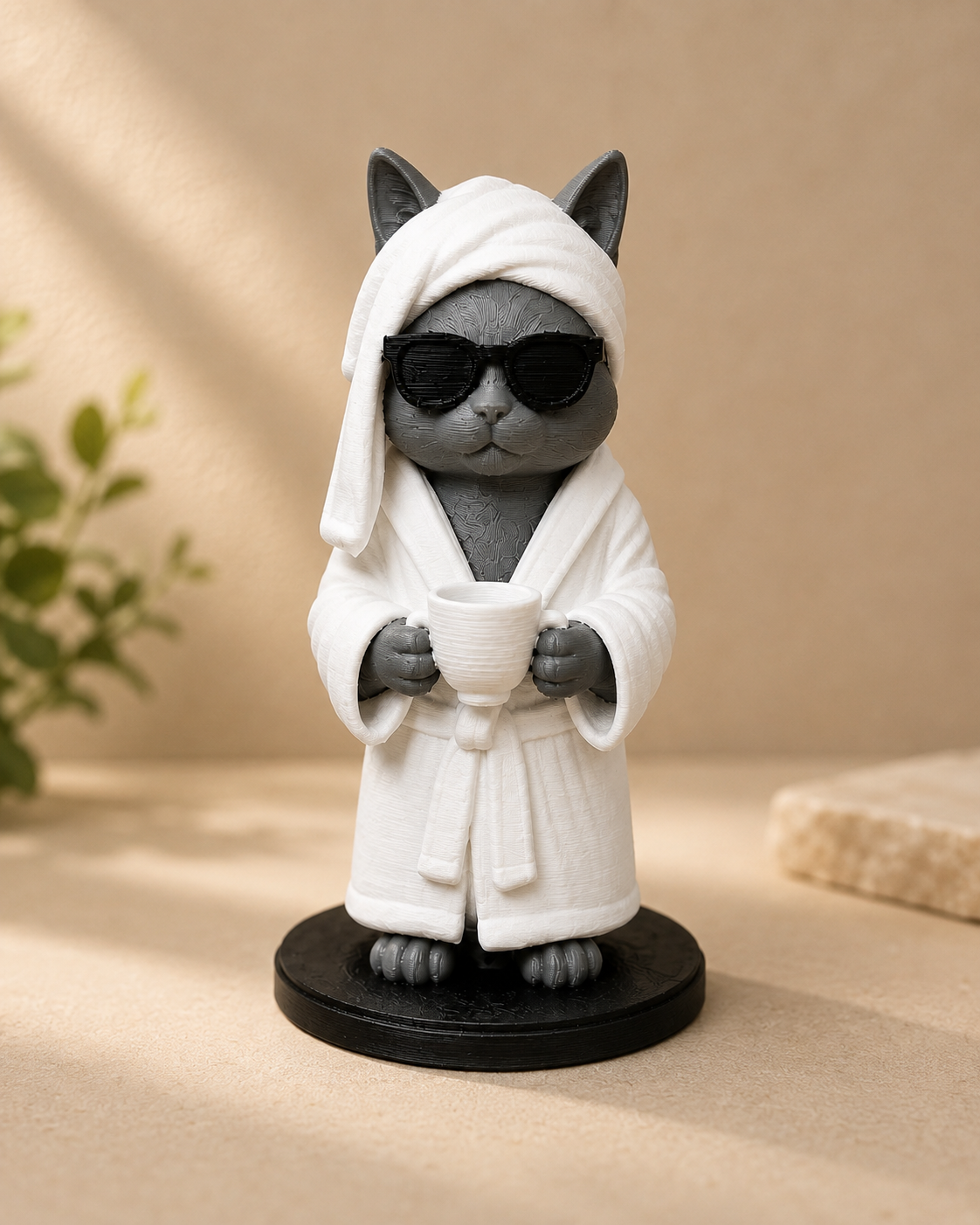 Chat peignoir avec café – Figurine déco détente