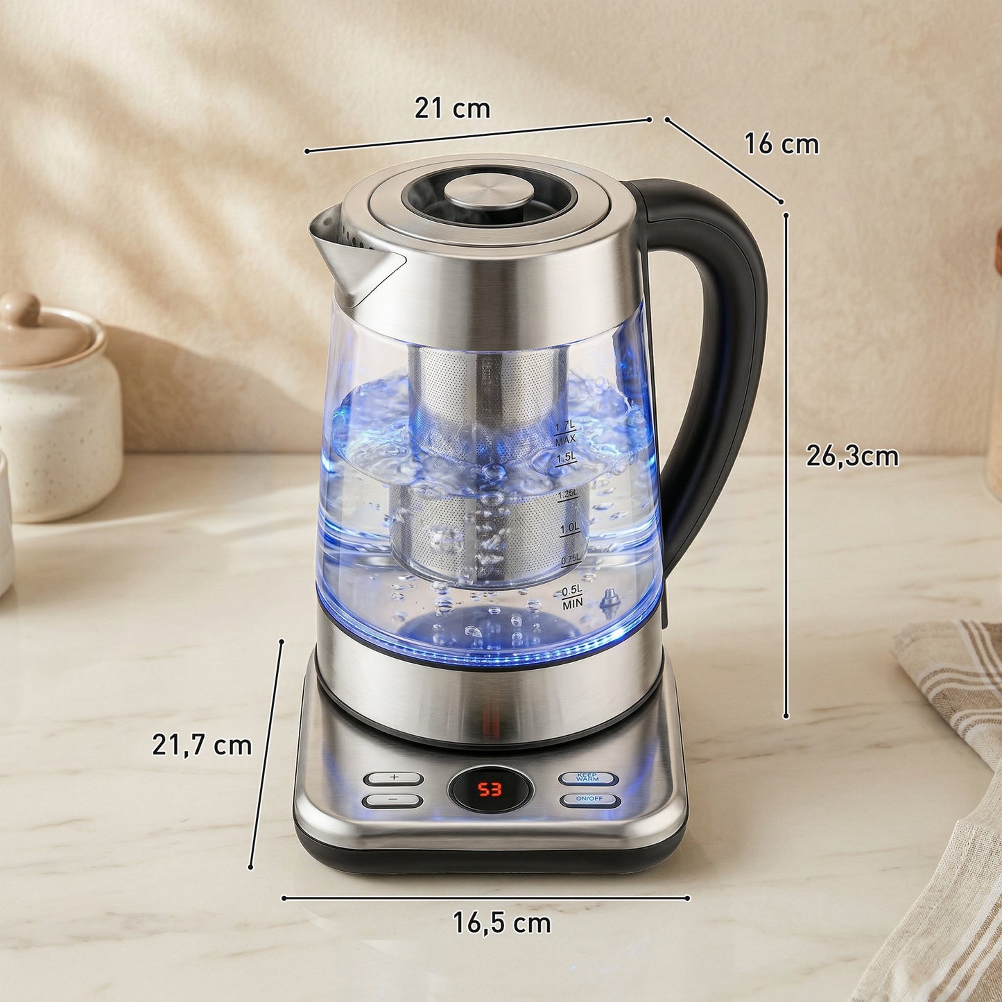 Bouilloire électrique, 1,7L, ébullition rapide 2200W avec thermostat strix, infuseur à thé, fonction maintien au chaud