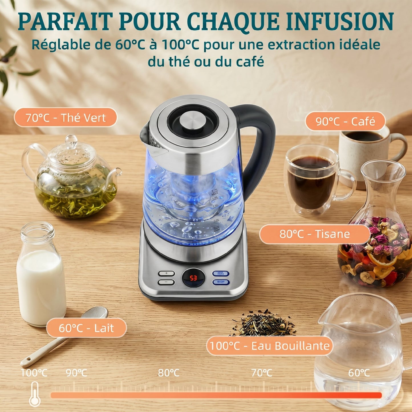 Bouilloire électrique, 1,7L, ébullition rapide 2200W avec thermostat strix, infuseur à thé, fonction maintien au chaud