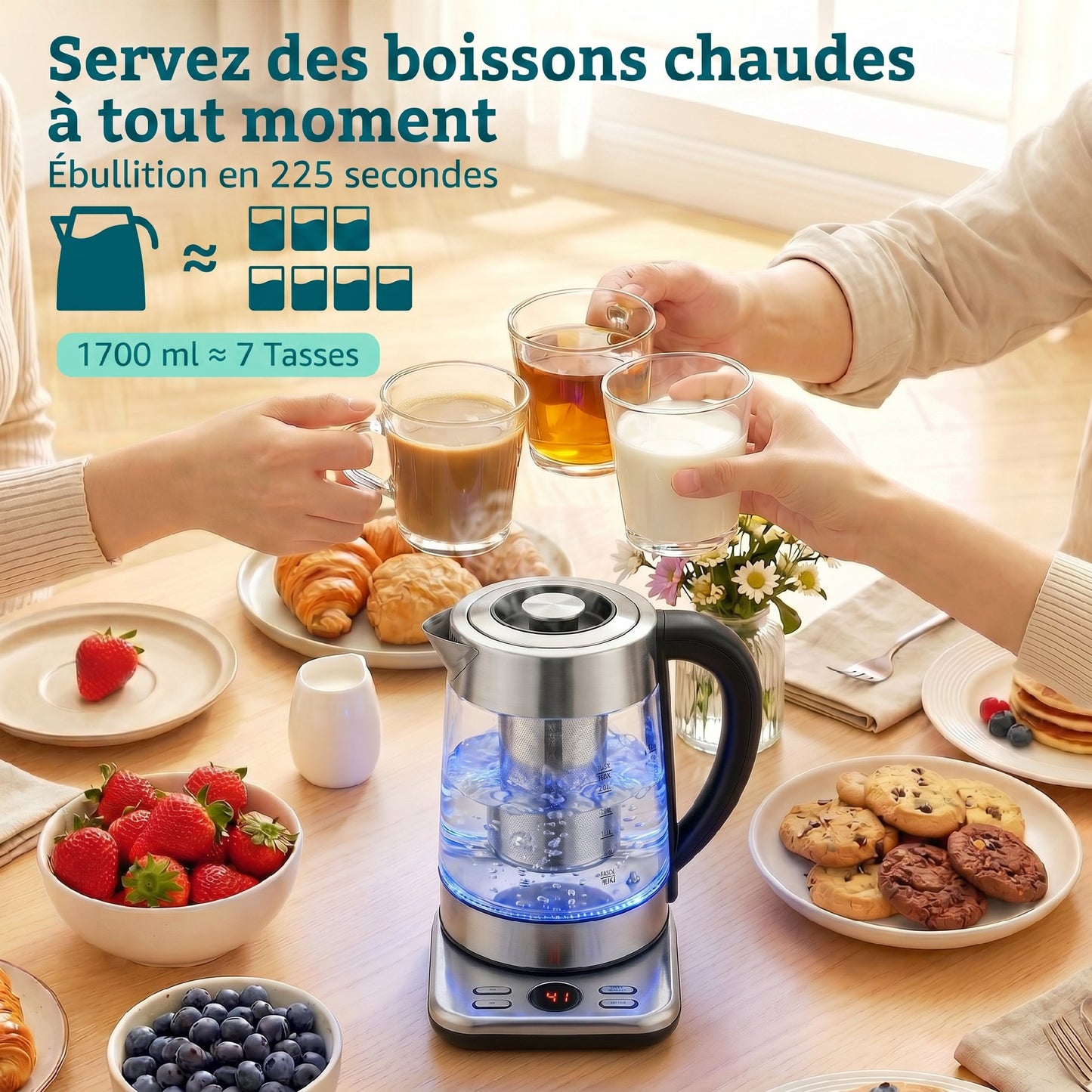 Bouilloire électrique, 1,7L, ébullition rapide 2200W avec thermostat strix, infuseur à thé, fonction maintien au chaud